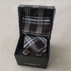 Alexander Julian Colours Tie Hanky Cufflink Cuff Link Set, Boxed, brown